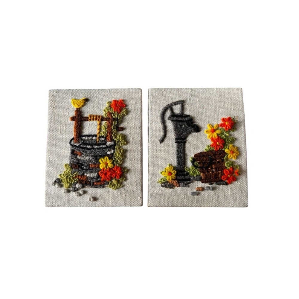 Vintage Sunset Designs Jiffy Stitchery, crewel embroidery art pieces. 1970’s